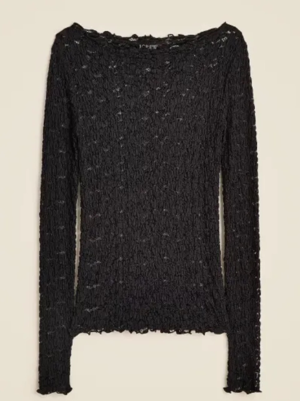 J. Crew Black Textured Lightweight Long Sleeve Lettuce Hem Boat Neck Top